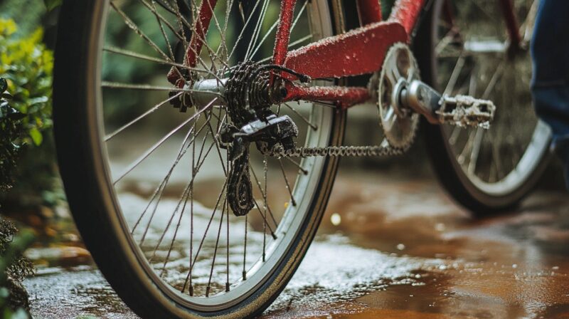 Close-up of a red bicycle’s rear wheel and gears with light mud and dirt on a wet pathway