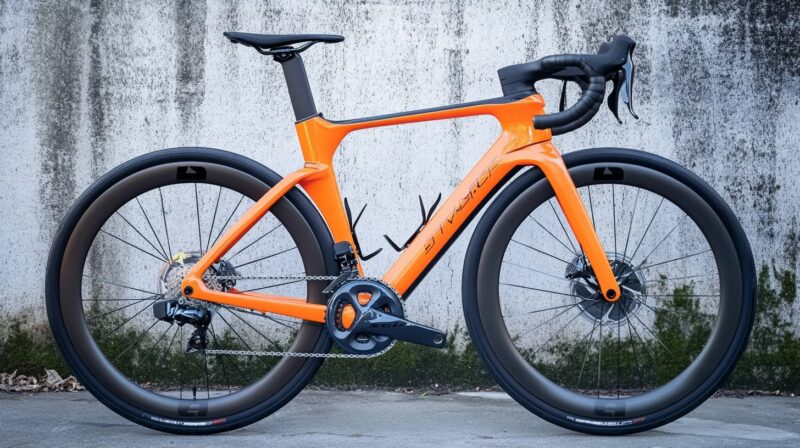 Bright orange aerodynamic road bike with deep carbon rims, leaning against a textured wall