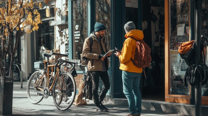 Two men standing on a sidewalk outside a store, discussing something, with a bicycle parked nearby