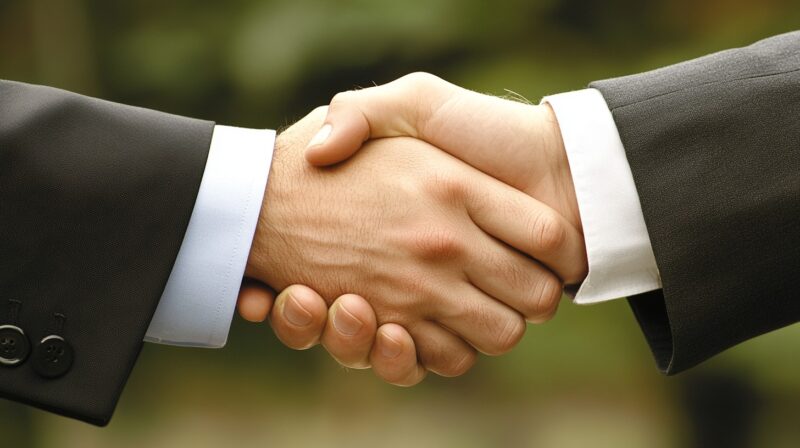 Close-up of two individuals in formal suits shaking hands outdoors, symbolizing an agreement or deal