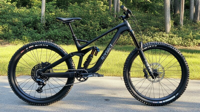 A black mountain bike with robust tires parked on a paved path surrounded by greenery