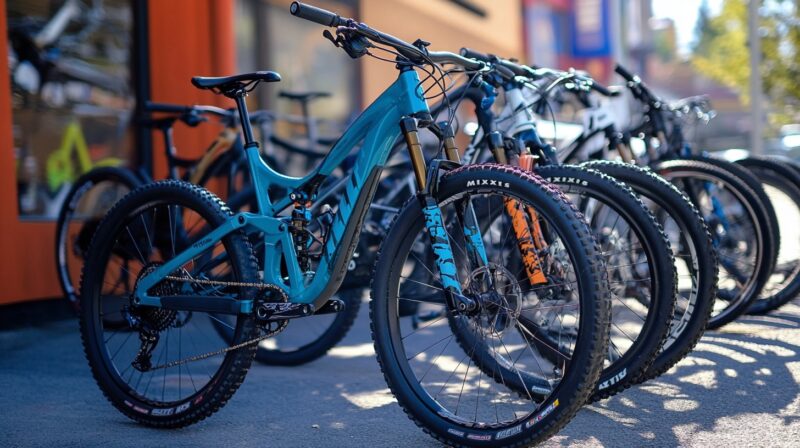 Close-up of a row of mountain bikes with a blue bike in the foreground, displayed outside a bike shop